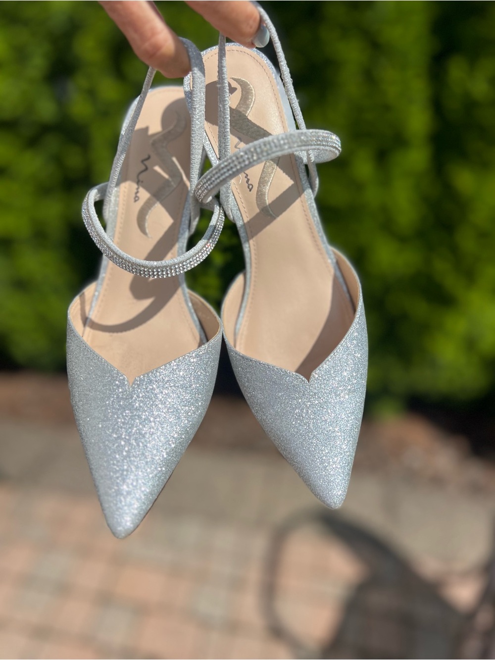 Nina Silver Glitter Pointed Slingback Heels